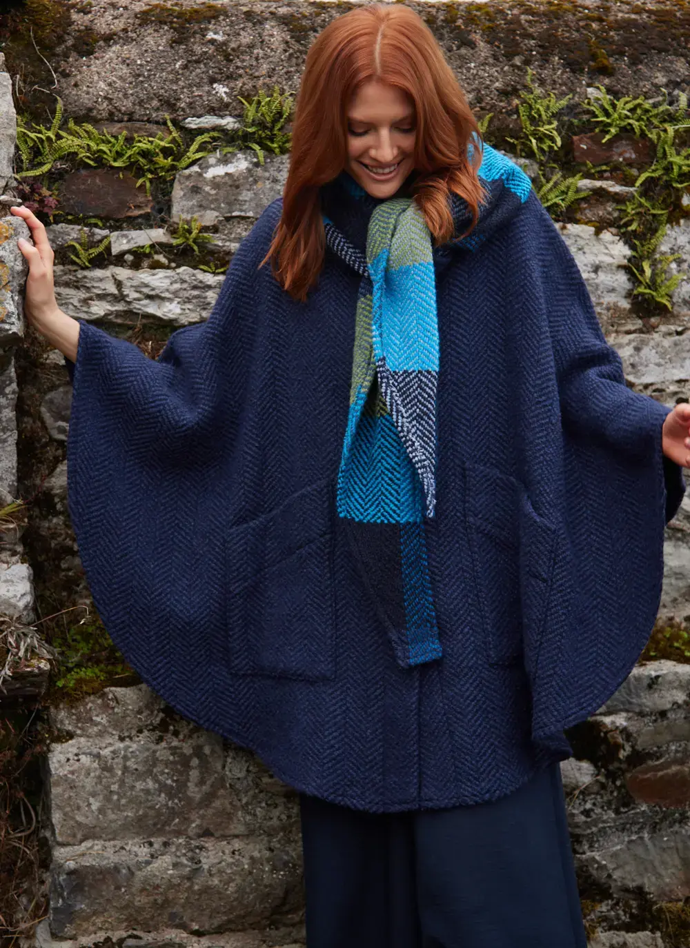 Maeve Killybeg Herringbone Cape with Hood in Killybegs Indigo
